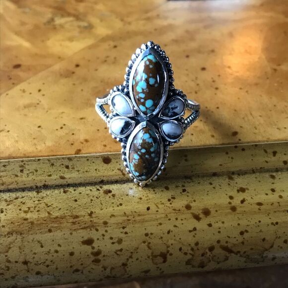 Natural White Buffalo Blue Turquoise Sterling Silver Ring Size 10 - Picture 8 of 8